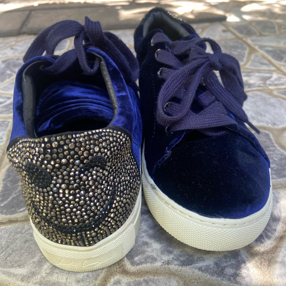 Lola Cruz Velvet Sneakers with Rhinestone Smiley Face